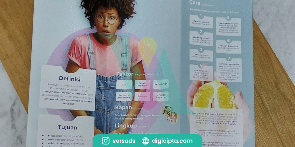 Brosur edukasi kesehatan yang menjelaskan langkah perawatan luka perineum.