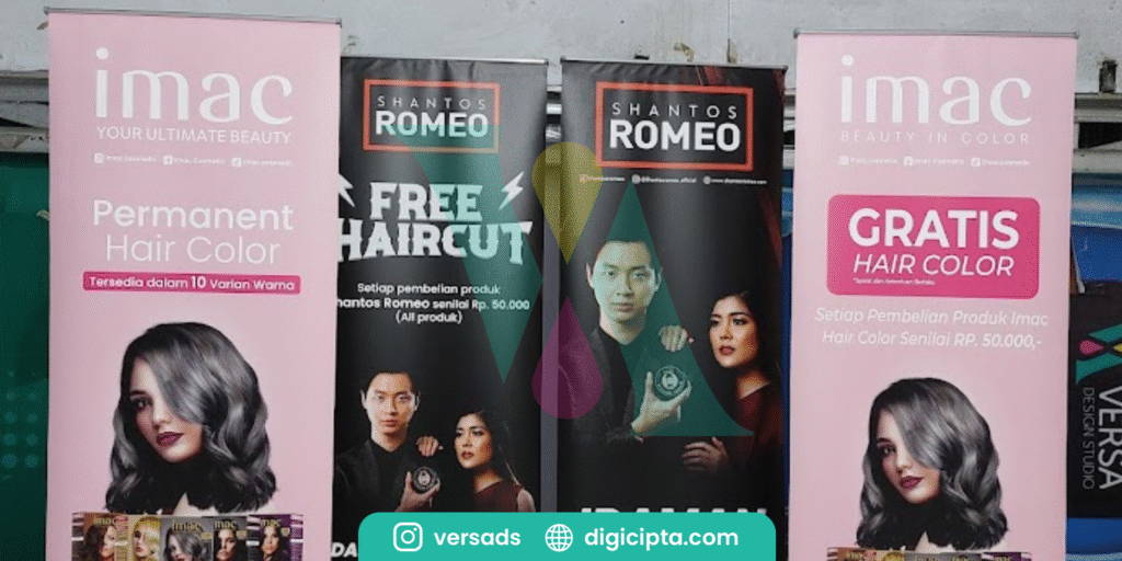 Tiga standing banner produk kecantikan yang dipajang di area display toko