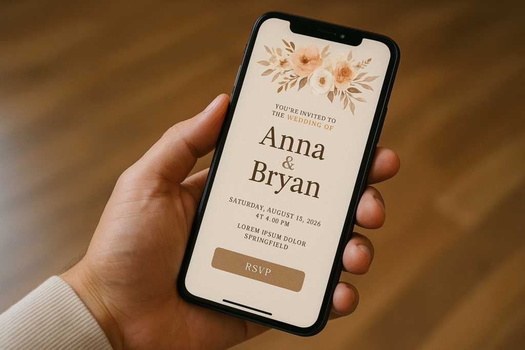  tangan kiri seseorang memegang smartphone modern yang menampilkan undangan digital pernikahan bergaya elegan dengan desain bunga lembut di bagian atas, teks “Anna & Bryan” di tengah layar, latar belakang kayu blur, pencahayaan alami, dan komposisi landscape.