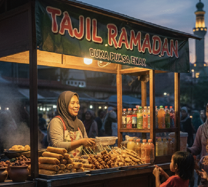 Pedagang takjil Ramadan berjualan di gerobak kayu dengan banner “TAJIL RAMADAN BUKA PUASA ENAK”, melayani ibu dan anak-anak saat senja dengan latar masjid dan suasana pasar ramai.