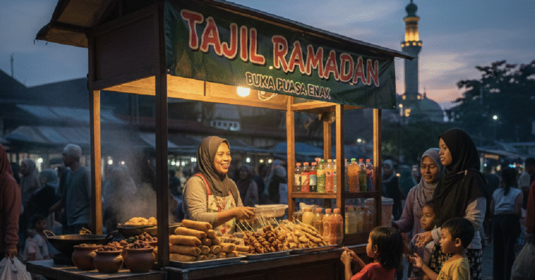 Pedagang takjil Ramadan berjualan di gerobak kayu dengan banner “TAJIL RAMADAN BUKA PUASA ENAK”, melayani ibu dan anak-anak saat senja dengan latar masjid dan suasana pasar ramai.