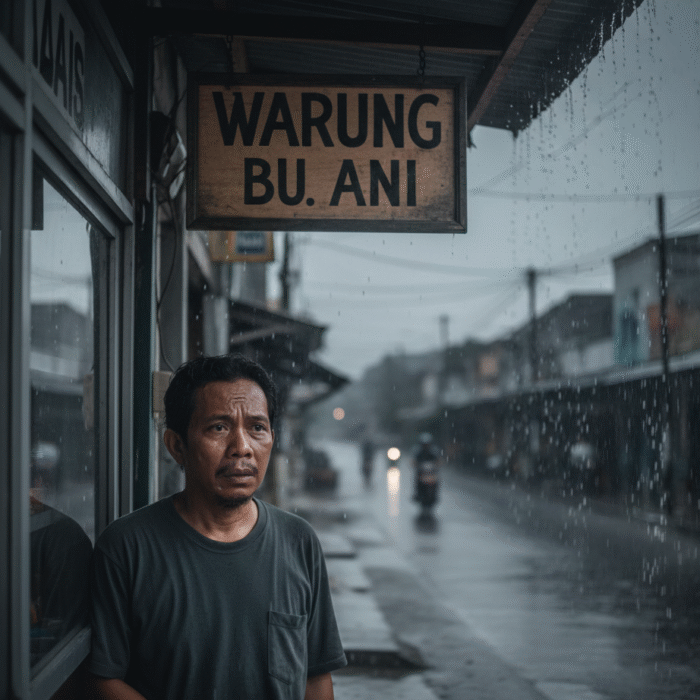 Pemilik warung UMKM terlihat cemas saat musim hujan di depan toko yang sepi, menggambarkan tantangan produk promosi musim hujan bagi penjual.