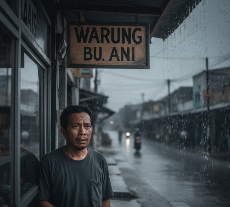 Pemilik warung UMKM terlihat cemas saat musim hujan di depan toko yang sepi, menggambarkan tantangan produk promosi musim hujan bagi penjual.