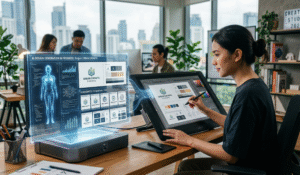 ai vs designer dalam proses desain branding digital di kantor modern menggunakan tablet dan teknologi ai