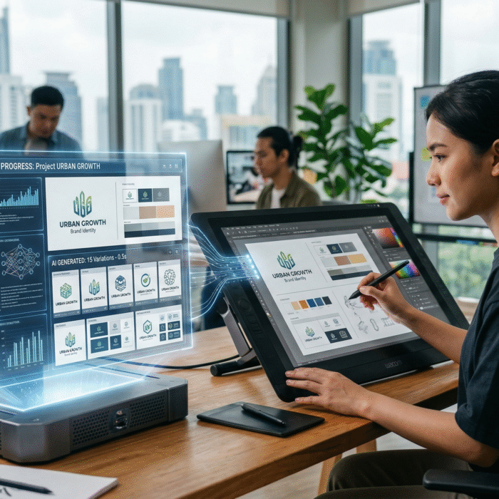 ai vs designer dalam proses desain branding digital di kantor modern menggunakan tablet dan teknologi ai
