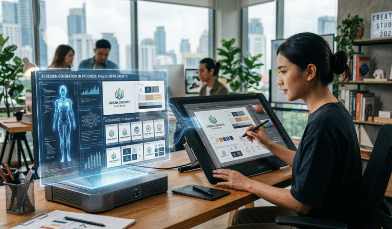 ai vs designer dalam proses desain branding digital di kantor modern menggunakan tablet dan teknologi ai