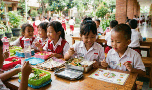 Anak-anak sekolah dasar di Indonesia menikmati makan siang sehat dalam program makan bergizi gratis sambil belajar tentang gizi di lingkungan sekolah.