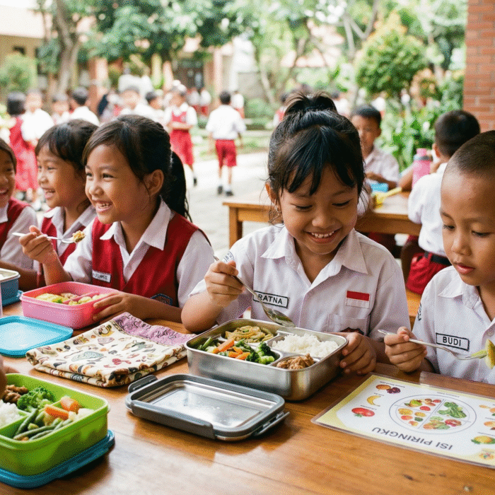 Anak-anak sekolah dasar di Indonesia menikmati makan siang sehat dalam program makan bergizi gratis sambil belajar tentang gizi di lingkungan sekolah.